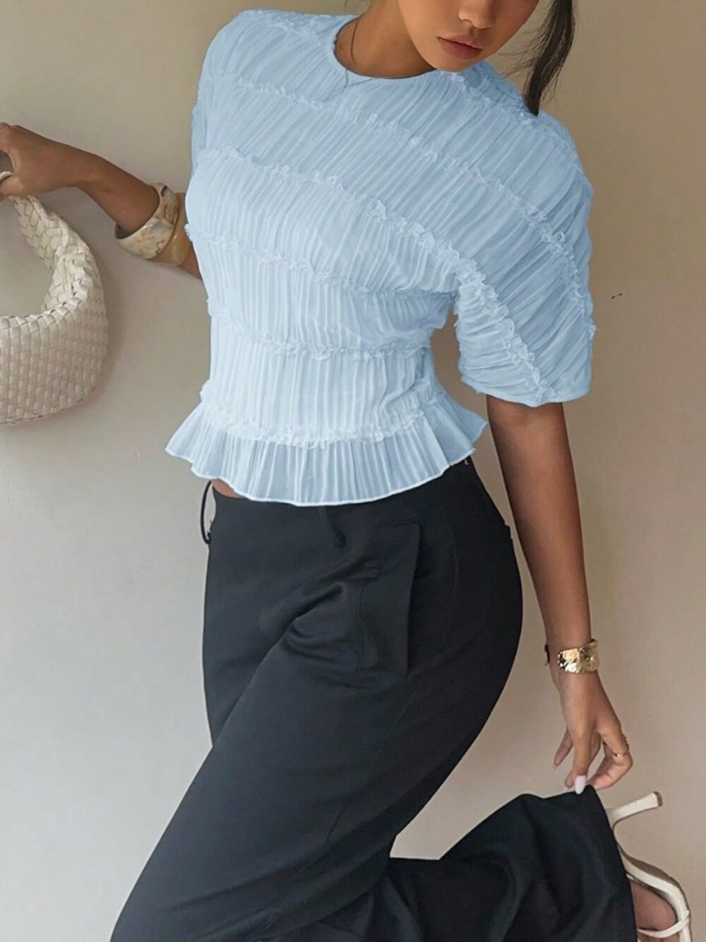 Baby Blue Casual Women's Elegant Baby Multi-Layer Lace Ruffle Crew Neck Blouse - Picture 4 of 7